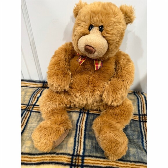 GUND Snoodles Teddy Bear Plush Brown w/ Plaid Bow 18 in Vintage - Picture 2 of 12